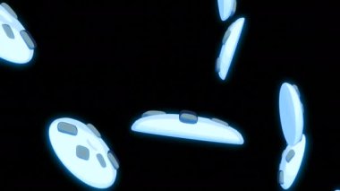 Bir sürü mavi neon renkli yuvarlak kurabiye, çikolata parçacıkları dönüyor ve siyah bir arka fonun üzerine düşüyor. Tasarım. Mavi dijital kurabiyeler 