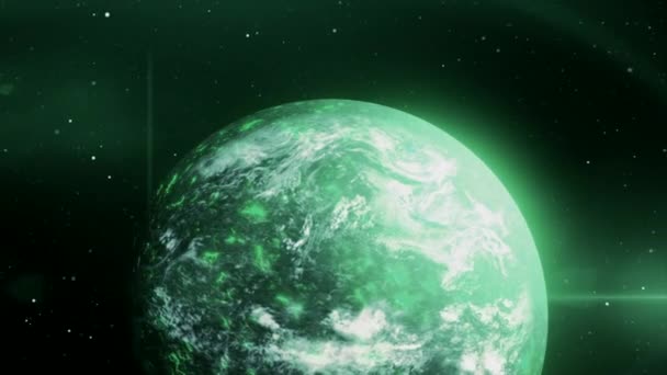 Planeta Strălucitoare Spațiu Mișcare Planeta Rotește Spațiul Cosmic Radiații Colorate — Videoclip de stoc