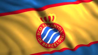 FC Espanyol 'un parlak bir sembolü. Hareket. Sarı bayrak, Barcelona şehrinde bulunan İspanyol profesyonel futbol kulübüdür. Yüksek kalite 4k görüntü