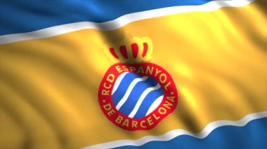 Kırmızı bayrak. Hareket. Kırmızı bir tuval üzerinde gelişmekte olan Espanyol de Barcelona 'nın sembolü. Yüksek kalite 4k görüntü
