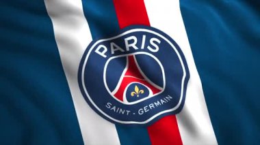 Fransız futbol kulübünün bayrağı. Hareket. Fransa futbol kulübü logosu ve bayrak sallayan 3 boyutlu bir arka plan. Fransız futbol kulübü Paris Saint-Germain 'in logosu.