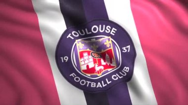 Fransız futbol kulübünün bayrağı. Hareket. Futbol kulübü logosuyla rüzgârda uçuşan 3D güzel bir bayrak. Toulouse Futbol Kulübü Amblemi. 