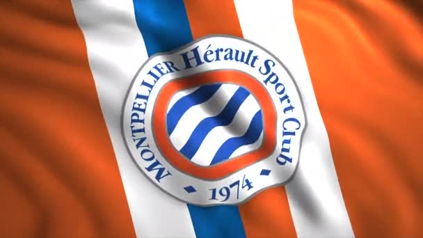フランスのサッカークラブの国旗 ムーブメント フットボールクラブのロゴと風の美しい3Dフラグ モンペリエ フットボール クラブ — ストック動画