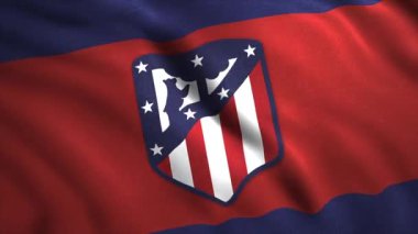 Futbol kulüplerinin amblemli bayrakları. Hareket. İspanyol futbol kulübü Atletico Madrid. FC logolu 3D bayrak sallama arkaplanı.