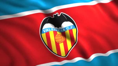 3D bayraklı futbol kulübü logosu. Hareket. Futbol kulübü logosu ve bayrak sallayan spor geçmişi. İspanyol futbol kulübü Valencia 'nın logosu. 