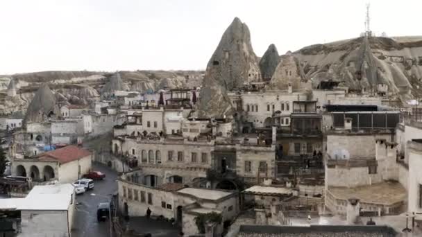 Antiguas Viviendas Piedra Talladas Toba Capadocia Turquía Aéreas Acción Vista — Vídeo de stock