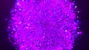 Parçacık ve ışınlardan oluşan kürenin küçüldüğü sihirli pembe animasyon. Hareket. Ekran merkezine doğru hareket eden parçacıklar