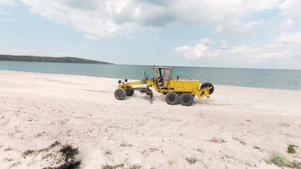 Situs Konstruksi Bulldozer Tertembak Top Pandangan Buldoser Mengemudi Pantai Oleh — Stok Video