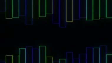Siyah arkaplanda ses dalgası eşitleyicisi. Tasarım. Çubukların dikey siluetleri yukarı aşağı hareket ediyor
