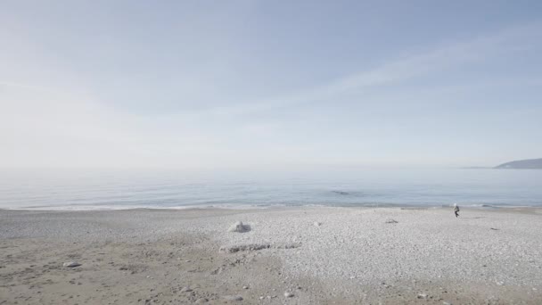 青空の背景に白い小石が付いている美しいビーチ アクション 暖かい服で海岸を歩いている女性 — ストック動画