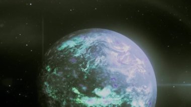 Uzayın parlak bir manzarası. Hareket. Güzel bir gezegen, parlak gölgeler ve renklerle parıldayan bir animasyonda döner. Yüksek kalite 4k görüntü