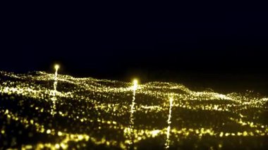 Parlayan noktalar enerji dalgalarının üzerinde yükselir. Hareket. Meteorlar parlak parçacıkların dalgalanan akımlarından yükselir. Enerji parçacıklarının dalga akışları.