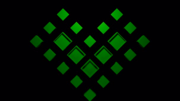 Black Background Design Beautiful Green Heart Made Squares Move Animation — Stock Video