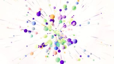 Renkli dairelerin animasyonu, beyaz arka planda kabarcıklar. Hareket. Soyut parlak parçacıklar kutlama havai fişekleri gibi hareket ediyor