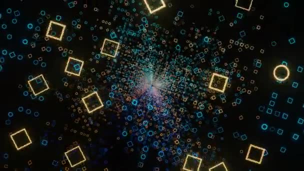 Mouvement de petits carrés futuristes dans l'espace virtuel numérique. Design. Spinning espace 3D technologique avec silhouettes carrées