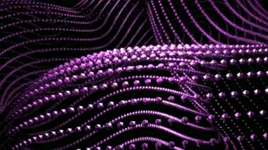 Animasyonlu parlak bir arka plan. Tasarım. Siyah arkaplanda farklı yönlere uzanan parlak mor küçük daireler. Yüksek kalite 4k görüntü