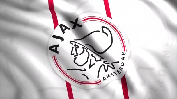 Zespół Piłkarski Ajax Macha Flagą Logo Klubu Piłkarskiego Wniosek Koncepcja — Wideo stockowe