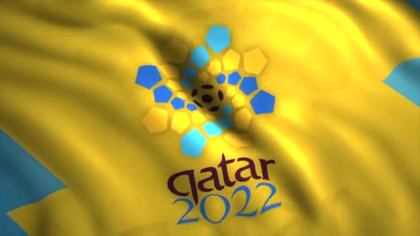 卡塔尔2022年世界杯带标志的飘扬的旗帜 港口游戏的概念 仅供编辑用 — 图库视频影像