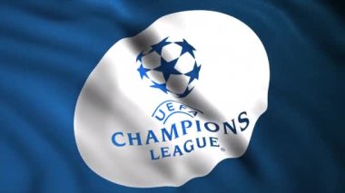 Soyut UEFA Şampiyonlar Ligi yıllık futbol kulübü yarışması bayrağı. Hareket. Üzerinde logo olan gerçekçi bir bayrak sallıyor. Sadece yazı işleri için.