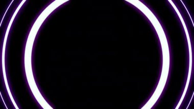 Siyah arkaplanda sonsuz tünelde geriye doğru hareket eden parlak neon beyazı ve leylak daire çerçeveleri. Tasarım. Yuvarlak dar çizgiler sonsuz hareket