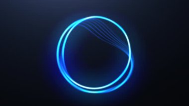 Siyah arka plan. Hareket. Farklı yönlerde hareket eden ve parlak ışınlarla desenler çizen parlak neon bir halka. Yüksek kalite 4k görüntü