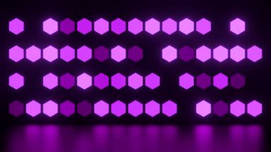 Mor parlak arka plan. Tasarım. Animasyonda farklı ışık gölgeleriyle yanan parlak ampuller, farklı şekillerde parıldıyor. Yüksek kalite 4k görüntü