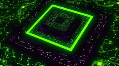 Büyük üç boyutlu bilgisayar çipli animasyon. Hareket. Bağlantı hatları olan neon bilgisayar çipi. Neon çizgileri olan bilgisayar ana kartı piramidi.