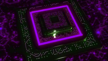 Büyük üç boyutlu bilgisayar çipli animasyon. Hareket. Bağlantı hatları olan neon bilgisayar çipi. Neon çizgileri olan bilgisayar ana kartı piramidi.