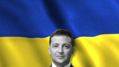 Ukrayna bayrağına giriş. Hareket. Ülkelerin bayrağının arka planında Ukrayna Başkanı 'nın görüntüsüyle tanışma. Vladimir Zelensky Ukrayna bayrağıyla. 