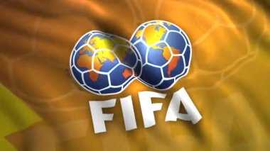 3D FIFA bayrağı sallıyor. Hareket. Hareketli FIFA bayrağı ile canlandırılmış arka plan. FIFA bayrağının açılışı üzerine logo. Uluslararası Futbol Federasyonu 'nun kumaşında amblem. 