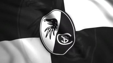 Alman futbol takımının amblemli bayrağı. Hareket. Üzerinde futbol takımı logosu olan güzel bir bayrak sallıyor. Freiburg futbol takımının bayrağı..