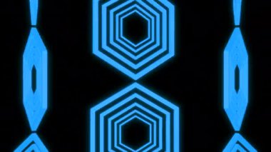 Siyah arkaplanda hareket eden üç dikey mavi altıgen silueti soyut olarak. Tasarım. Dönen altıgenlerin geometrik hareket deseni