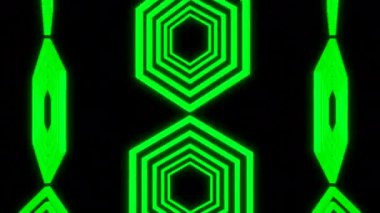Geometrik şekilli hareket eden zincirler. Tasarım. Neon altıgenler geometrik desende hareket ederler. Altıgenler siyah arkaplan üzerinde çizgiler halinde hareket eder ve döner. 