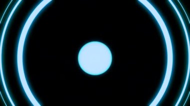 Neon daireler siyah arkaplanda titreşir. Tasarım. Parlak halkalar yanıp sönüyor. Neon halkaları hareket eder ve merkezden görünür. Gelecekçi animasyon ve müzikal ritim. 
