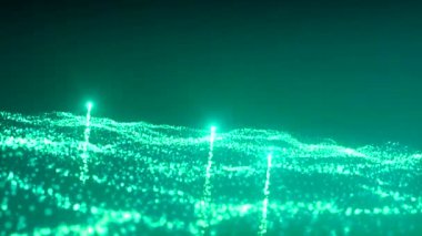 Dalgalı hareketlerle soyut turkuaz yıldız alanı. Hareket. Parlayan parçacıkların kuyruklarıyla uçan kuyruklu yıldızlar.