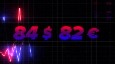 Parlak bir grafik. Hareket. Düşen döviz kurunun sayılarla gösterildiği parlak neon animasyonlu grafikler. Yüksek kalite 4k görüntü