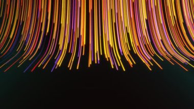 Güzel siber çizgiler. Hareket. Renkli çizgilerin kıvrımlı akışı. Parlak çizgiler siyah arkaplanda kıvrılarak akıntıda hareket eder. 