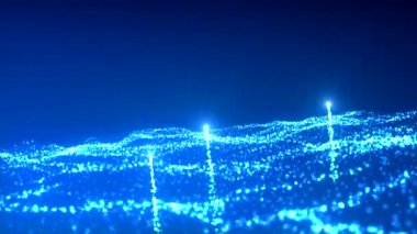 Parlayan noktalar enerji dalgalarının üzerinde yükselir. Hareket. Sihirli parçacıklar akıntı üzerinde hareket eder. Uçan parçacıklarla dalgaların parlak enerji akışı. 