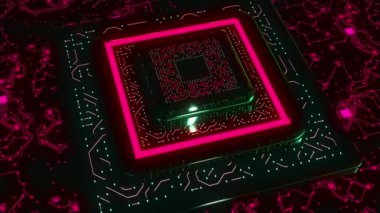 Neon çizgileri olan üç boyutlu çip. Hareket. Fütürist neon arka planda geniş bir anakart. Teknolojik bilgisayar geleceğin bir parçası. 