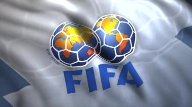 3D FIFA bayrağı sallıyor. Hareket. Hareketli FIFA bayrağı ile canlandırılmış arka plan. FIFA bayrağının açılışı üzerine logo. Uluslararası Futbol Federasyonu 'nun kumaşında amblem. 