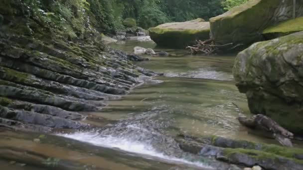 Водопад Горах Лесу Создание Река Медленно Течет Водопада Зеленом Лесу — стоковое видео