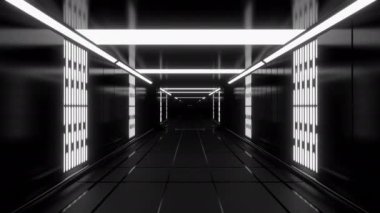 Işıklı kırmızı ve gri karanlık koridor. Tasarım. İçeriye doğru hareket eden ve farklı parlak ışınlarla dekore edilmiş geniş bir oda. Yüksek kalite 4k görüntü