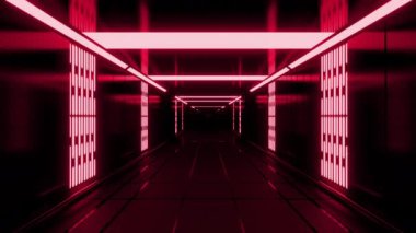 Işıklı kırmızı ve gri karanlık koridor. Tasarım. İçeriye doğru hareket eden ve farklı parlak ışınlarla dekore edilmiş geniş bir oda. Yüksek kalite 4k görüntü