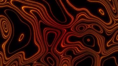 Soyut kıvrımlar ve dalgalanan turuncu çizgiler siyah bir arkaplanda izole edilmiş. Tasarım. Dar hareket eden oval şekiller