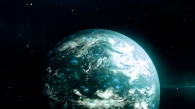 Yer manzaralı mavi bir arka ışık. Hareket. Kabuktaki soyutlama, evrenin ve Dünya gezegeninin kendi ekseni etrafında döndüğünü ve yıldızların etrafında döndüğünü görebilirsiniz. Yüksek