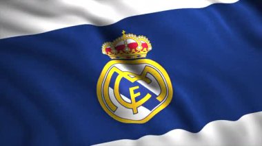 Mavi bayrak Real Madrid takımı. Hareket. Bu amblem FIFA tarafından yirminci yüzyılın en iyi futbol kulübü olarak tanınıyor. Sadece başyazı için kullanın. Yüksek kalite 4k görüntü