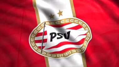 Kırmızı ve beyaz PSV logosu. Hareket. Eindhoven şehrindeki Hollanda profesyonel futbol kulübünün amblemi. Sadece yazı için kullanın. Yüksek kalite 4k görüntü