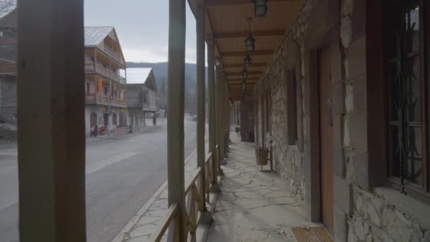 Cidade Madeira Antiga Acção Terraço Madeira Feito Madeira Rua Saloon — Vídeo de Stock