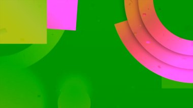 Çok renkli geometrik şekilli yeşil ve mavi arkaplan. Hareket. Canlandırmada çok renkli ovaller ve dikdörtgenler, konfetilerin arkalarından aktığı basit bir tek renkli arkaplanda belirir.