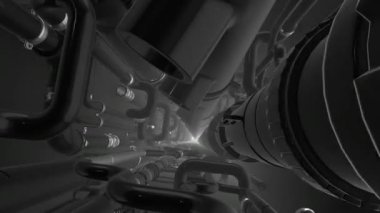 Monokrom endüstriyel soyut tünelden uçuyor. Hareket. Siyah beyaz borular ve borular